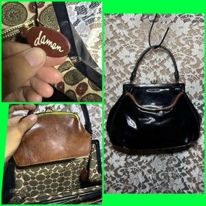 Vintage Black Patent Shoulder Bag with Brown Trim kiss clasp pouch 50s mod glam